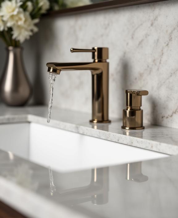 Close-up of a high-quality stone vanity countertop and elegant tapware.