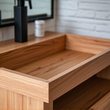 A close-up of a beautifully crafted sustainable timber vanity.