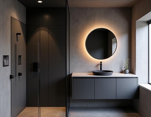 The finished minimalist bathroom at the Korora project, showcasing clean lines.