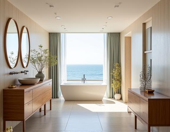 The stunning new coastal-style bathroom after renovation by Aqueous Bathhouse.