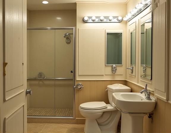 The old, dated bathroom at the Sapphire Beach project before renovation.