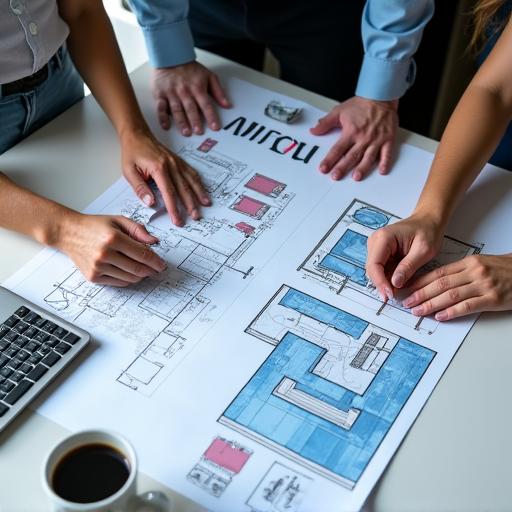 A designer and client collaborating over bathroom design blueprints.