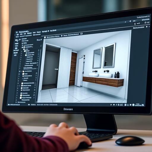 A computer screen showing a 3D render of a bathroom design.